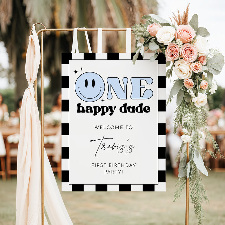 TRAVIS One Happy Dude Blue Retro Smiley First Birthday Party Welcome Sign