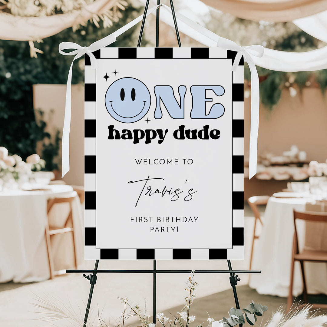 TRAVIS One Happy Dude Blue Retro Smiley First Birthday Party Welcome Sign