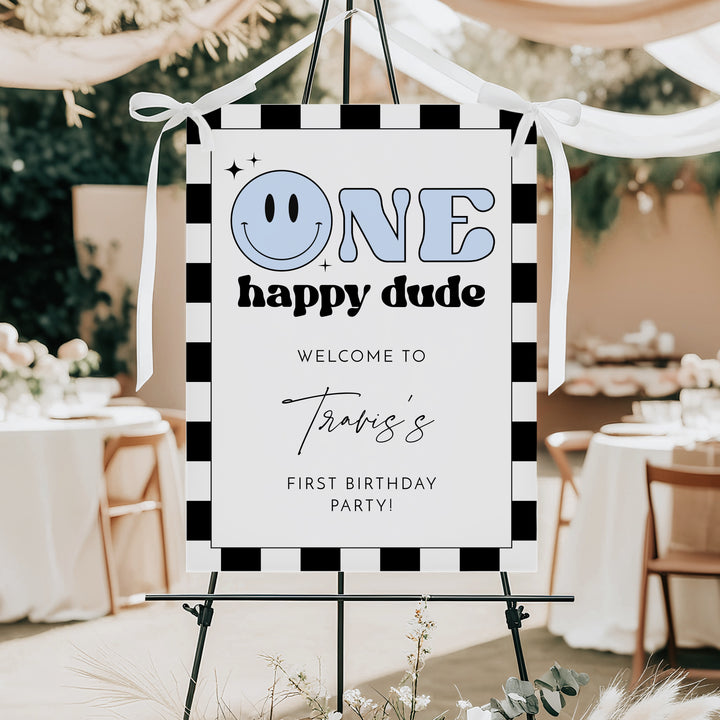 TRAVIS One Happy Dude Blue Retro Smiley First Birthday Party Welcome Sign