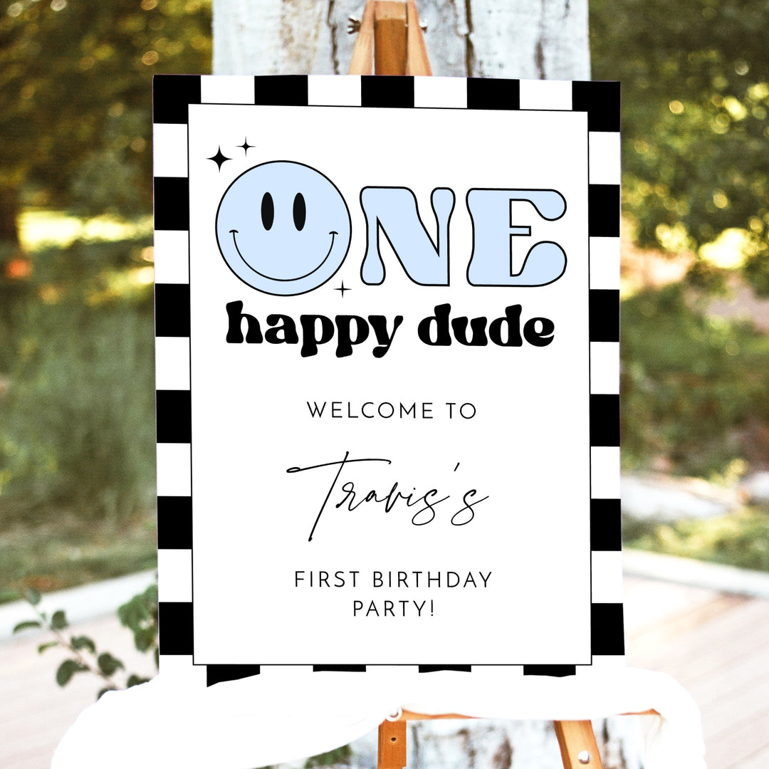 TRAVIS One Happy Dude Blue Retro Smiley First Birthday Party Welcome Sign
