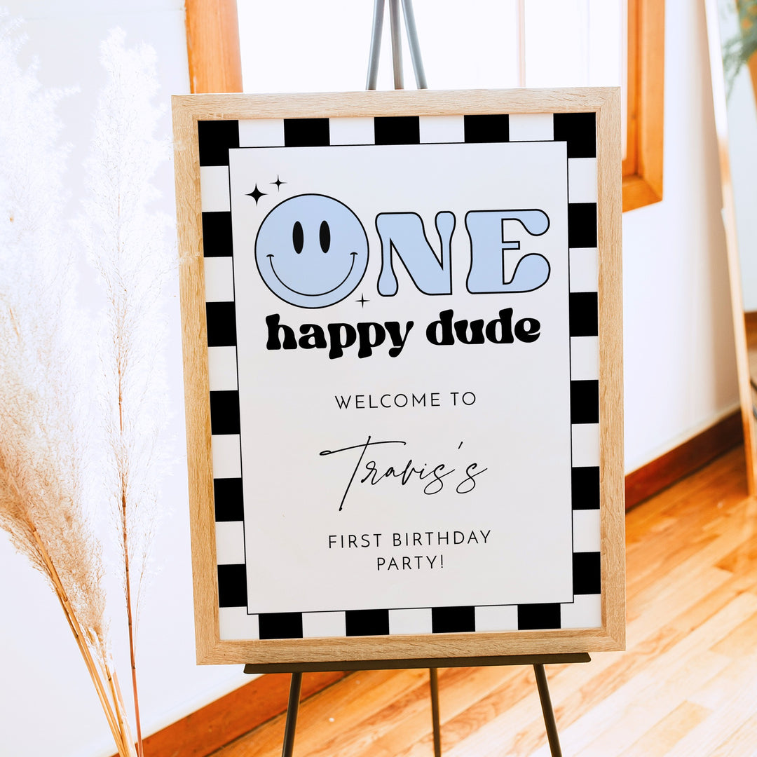 TRAVIS One Happy Dude Blue Retro Smiley First Birthday Party Welcome Sign