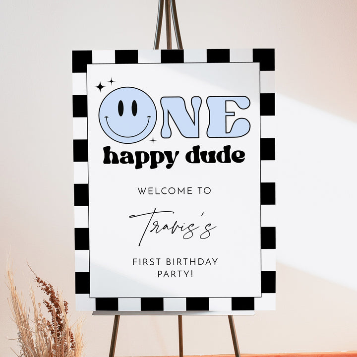 TRAVIS One Happy Dude Blue Retro Smiley First Birthday Party Welcome Sign