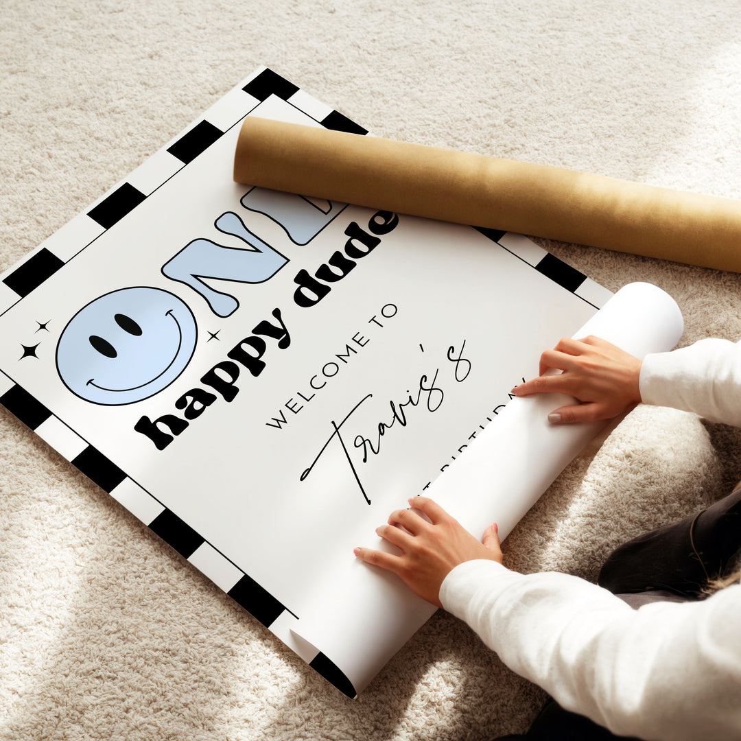 TRAVIS One Happy Dude Blue Retro Smiley First Birthday Party Welcome Sign