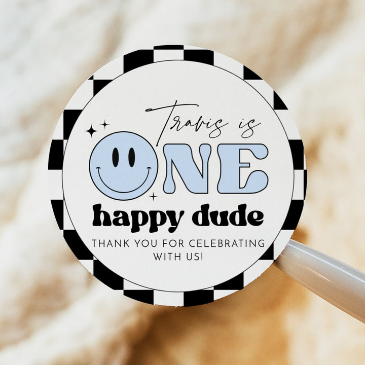 TRAVIS One Happy Dude Blue Retro Smiley Face First Birthday Thank You Gift Stickers