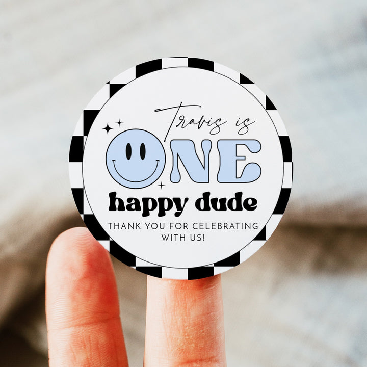 TRAVIS One Happy Dude Blue Retro Smiley Face First Birthday Thank You Gift Stickers