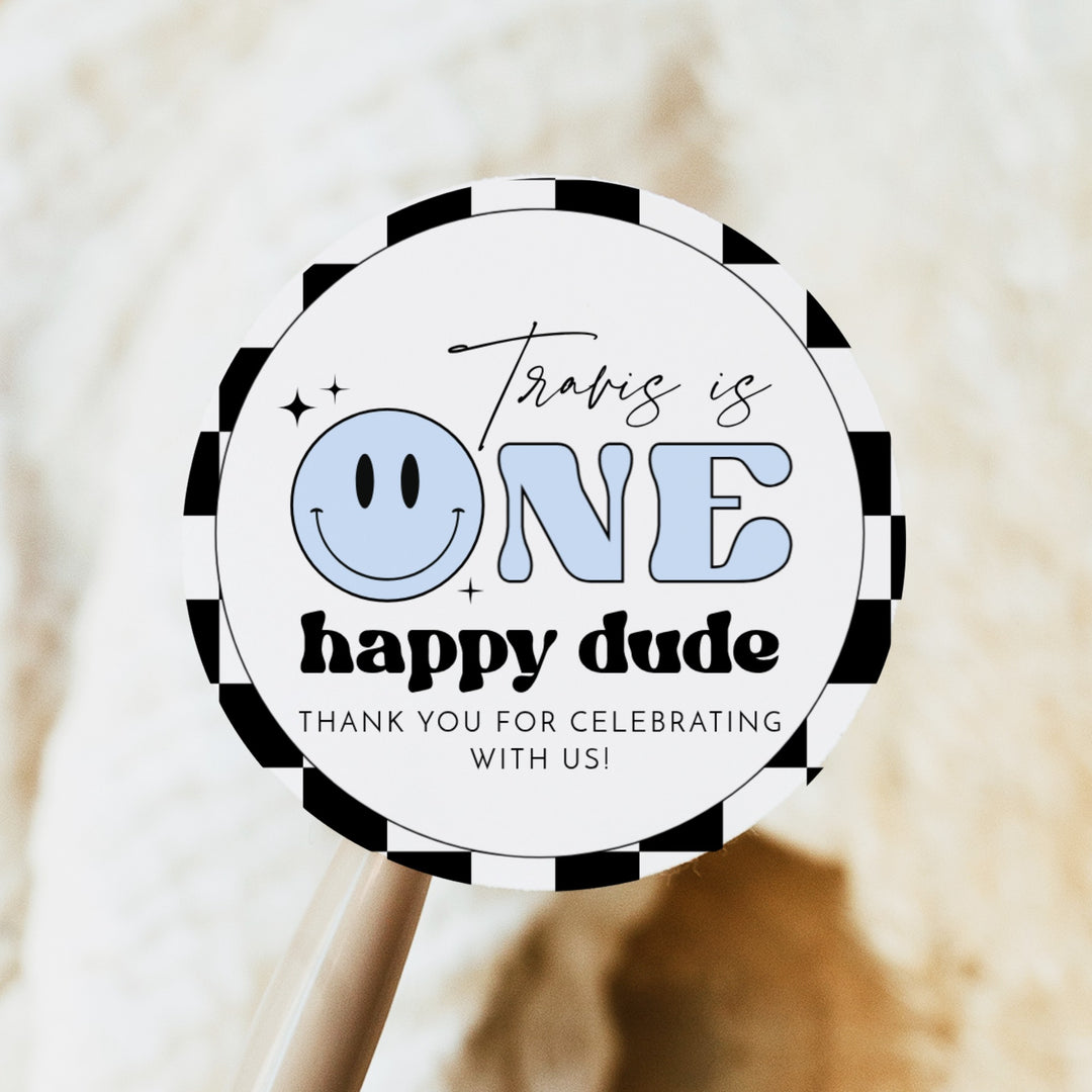 TRAVIS One Happy Dude Blue Retro Smiley Face First Birthday Thank You Gift Stickers