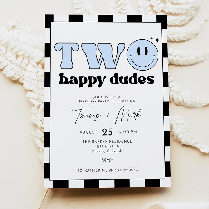 TRAVIS Two Happy Dudes Twins Blue Retro Checkered First Birthday Party Invitation