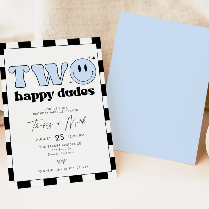 TRAVIS Two Happy Dudes Twins Blue Retro Checkered First Birthday Party Invitation