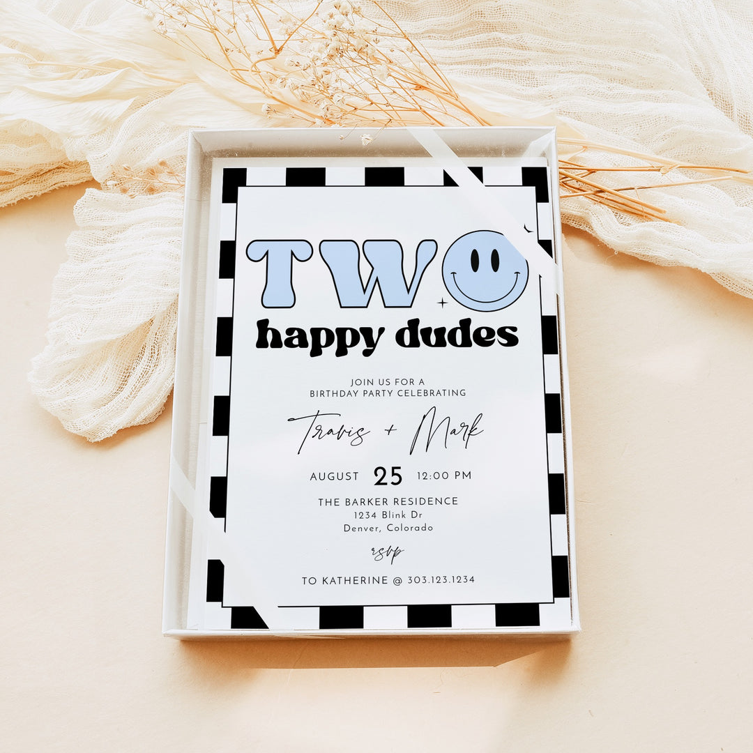 TRAVIS Two Happy Dudes Twins Blue Retro Checkered First Birthday Party Invitation