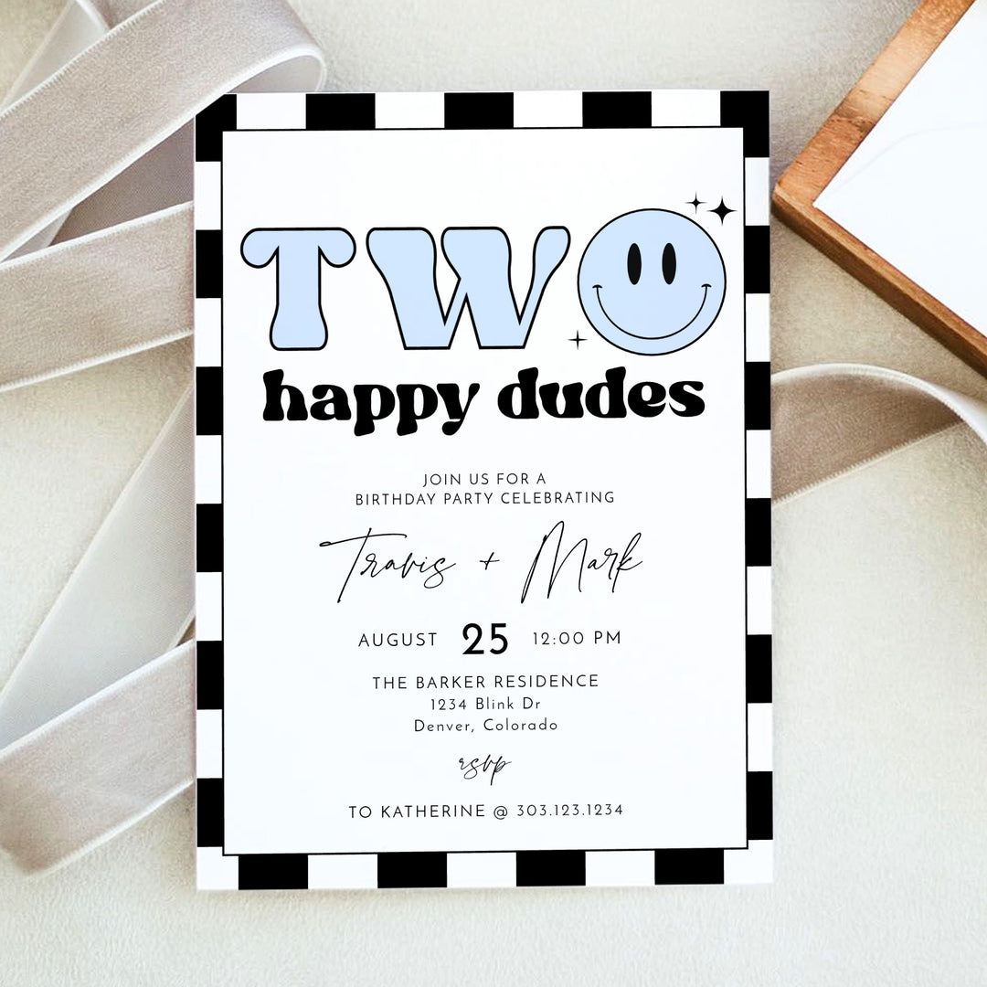TRAVIS Two Happy Dudes Twins Blue Retro Checkered First Birthday Party Invitation