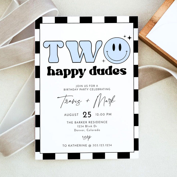 TRAVIS Two Happy Dudes Twins Blue Retro Checkered First Birthday Party Invitation