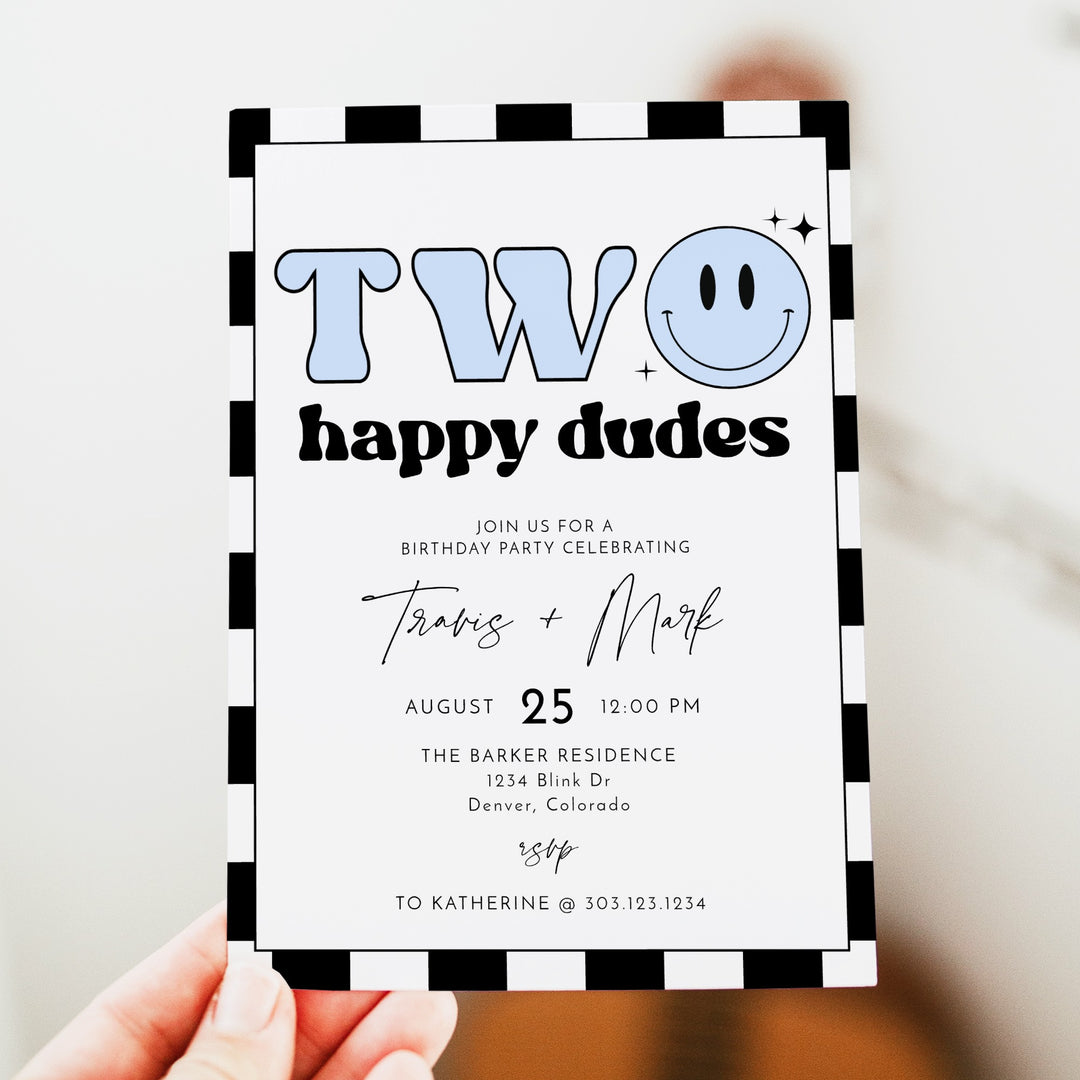 TRAVIS Two Happy Dudes Twins Blue Retro Checkered First Birthday Party Invitation