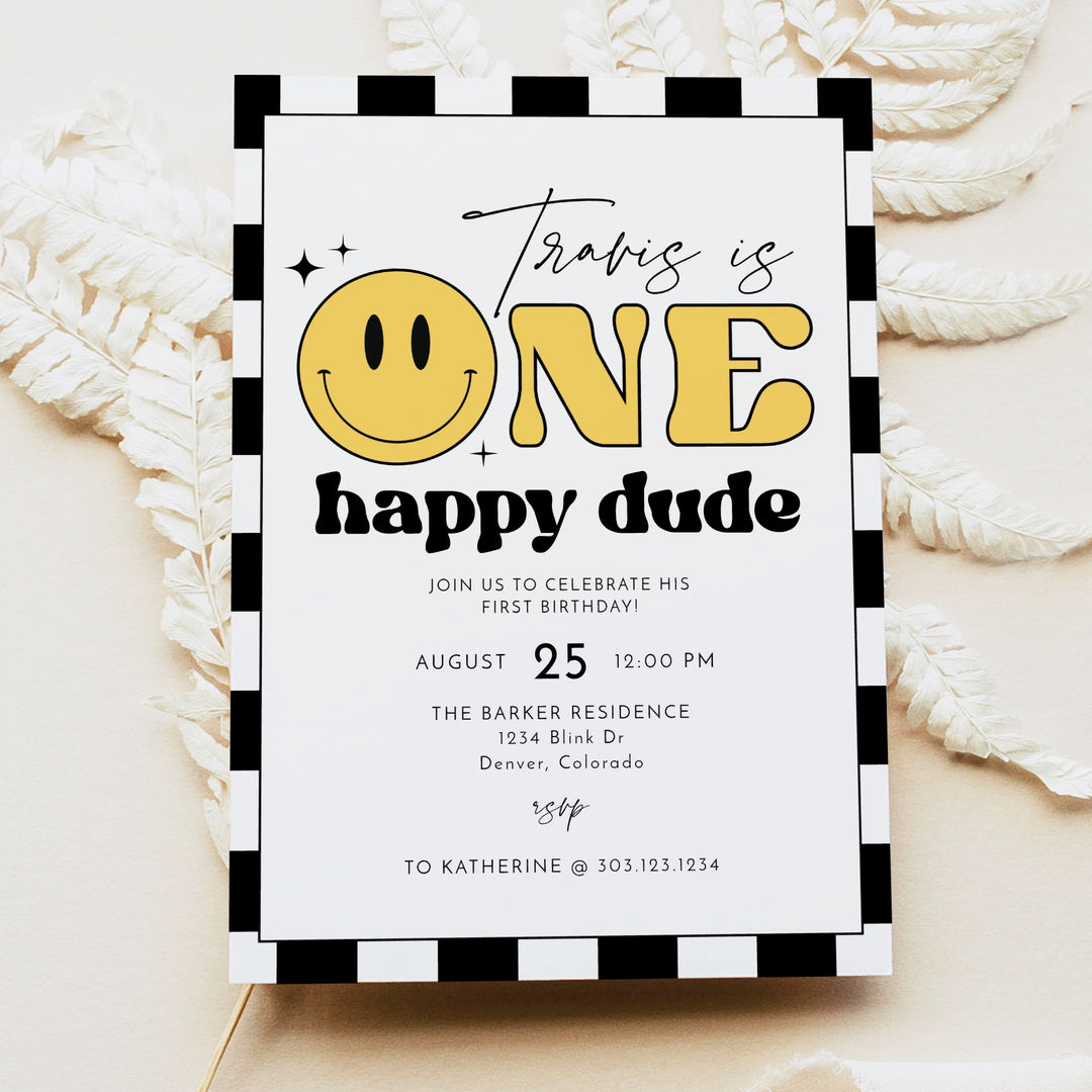 TRAVIS One Happy Dude Retro Checkered First Birthday Party Invitation