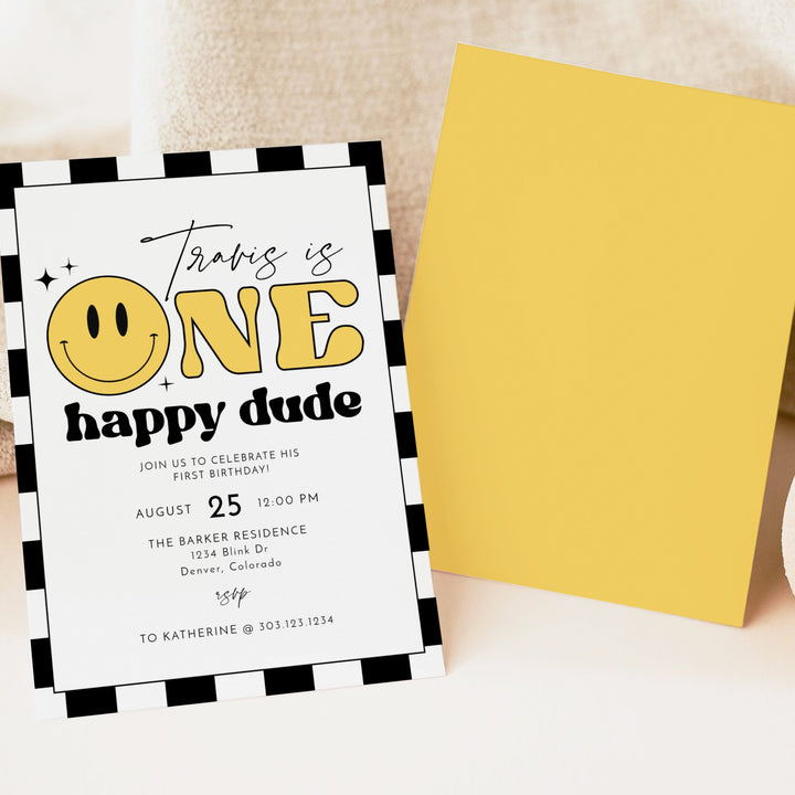 TRAVIS One Happy Dude Retro Checkered First Birthday Party Invitation
