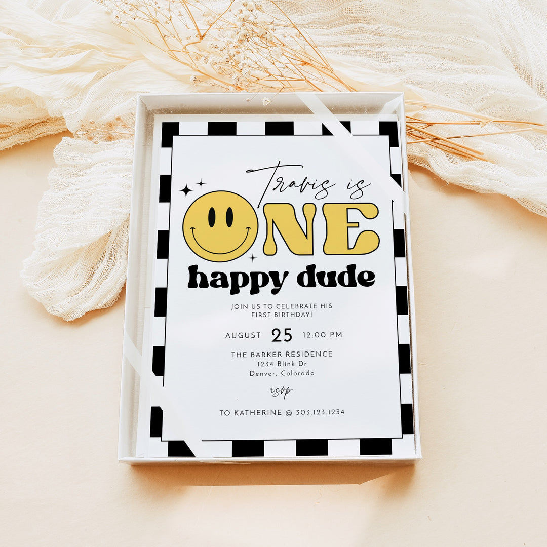 TRAVIS One Happy Dude Retro Checkered First Birthday Party Invitation