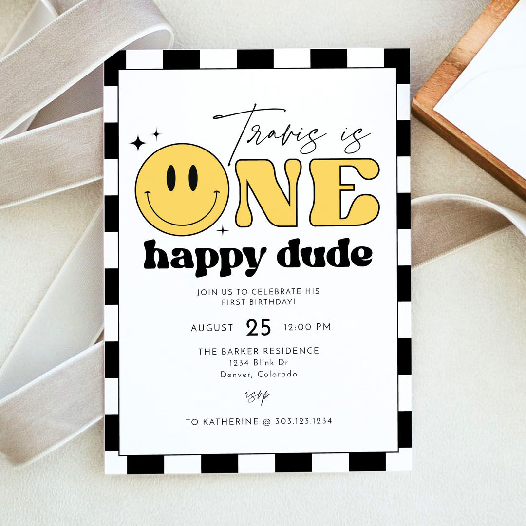TRAVIS One Happy Dude Retro Checkered First Birthday Party Invitation