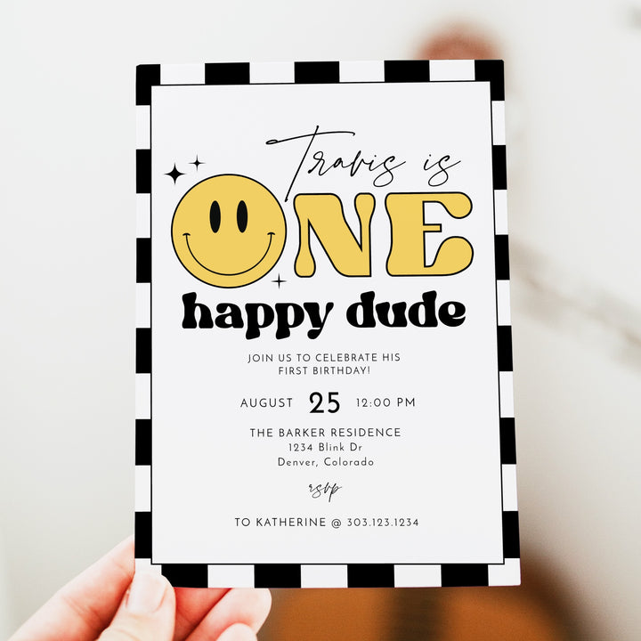 TRAVIS One Happy Dude Retro Checkered First Birthday Party Invitation