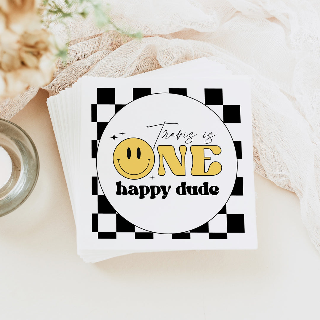 TRAVIS One Happy Dude Retro Smiley First Birthday Party Napkins Personalized