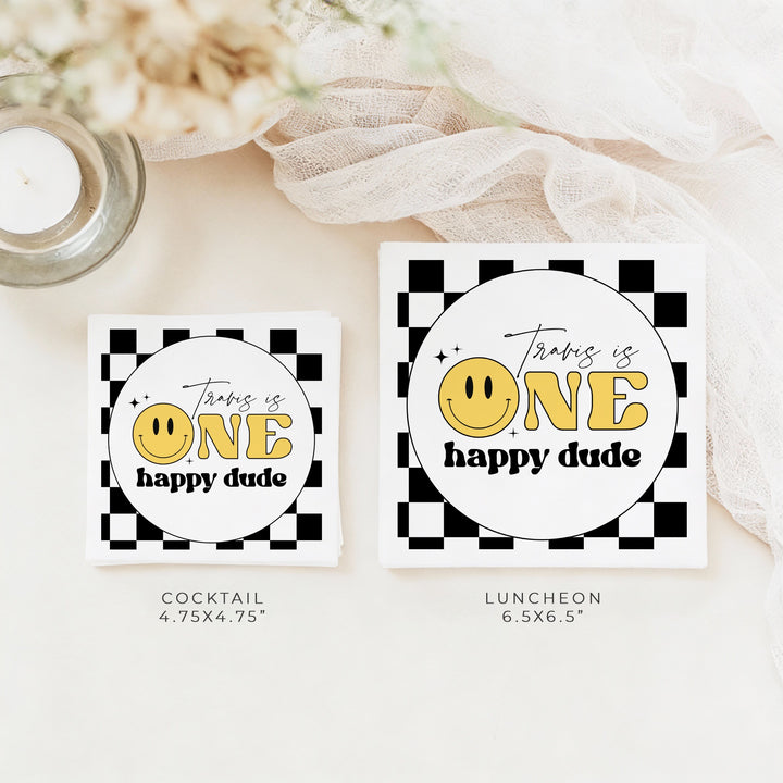 TRAVIS One Happy Dude Retro Smiley First Birthday Party Napkins Personalized