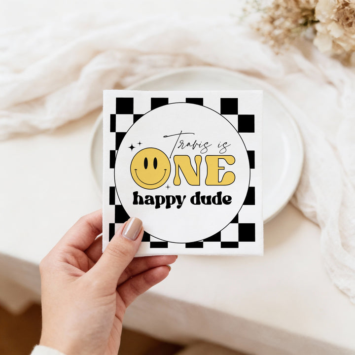 TRAVIS One Happy Dude Retro Smiley First Birthday Party Napkins Personalized