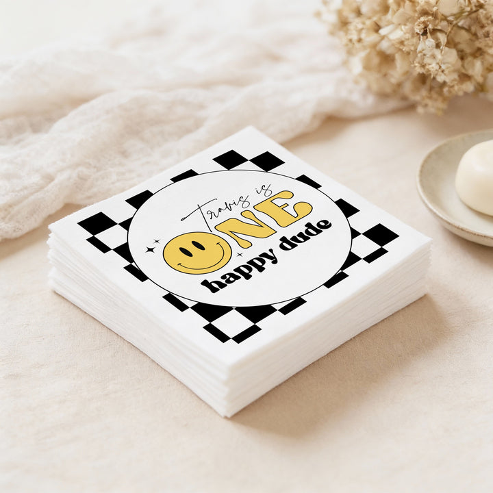 TRAVIS One Happy Dude Retro Smiley First Birthday Party Napkins Personalized