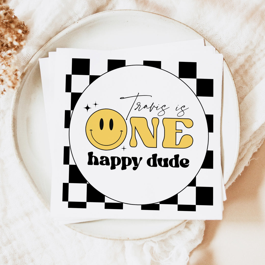 TRAVIS One Happy Dude Retro Smiley First Birthday Party Napkins Personalized