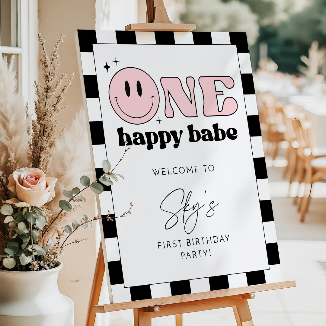 TRAVIS One Happy Babe Pink Retro Smiley First Birthday Party Welcome Sign