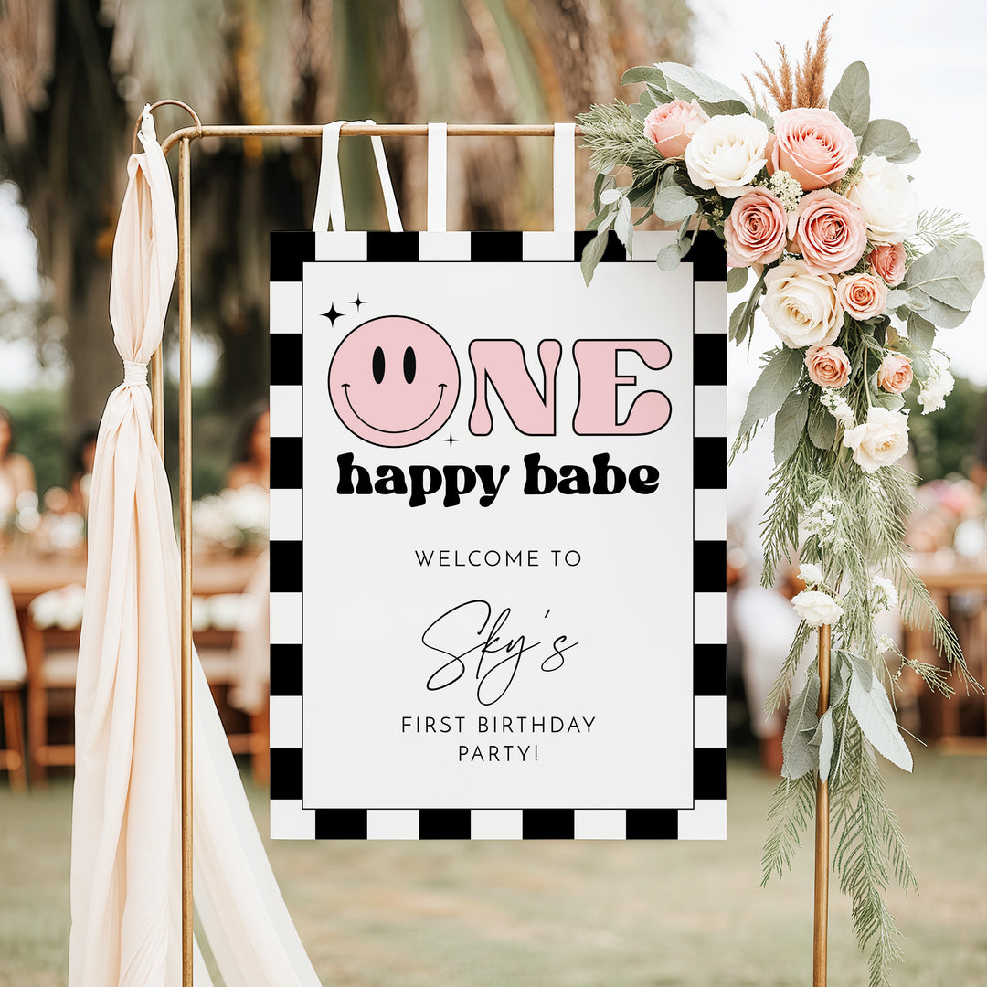 TRAVIS One Happy Babe Pink Retro Smiley First Birthday Party Welcome Sign