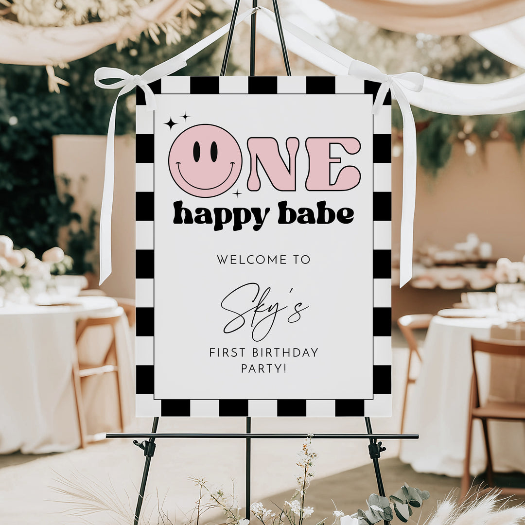 TRAVIS One Happy Babe Pink Retro Smiley First Birthday Party Welcome Sign