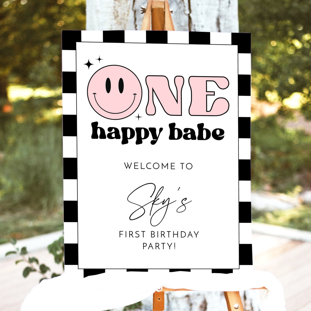 TRAVIS One Happy Babe Pink Retro Smiley First Birthday Party Welcome Sign