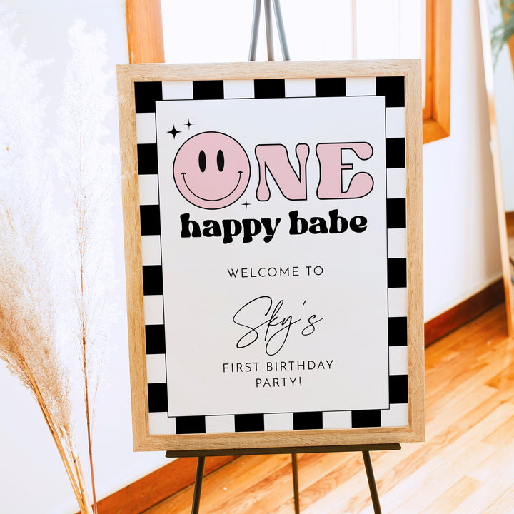 TRAVIS One Happy Babe Pink Retro Smiley First Birthday Party Welcome Sign