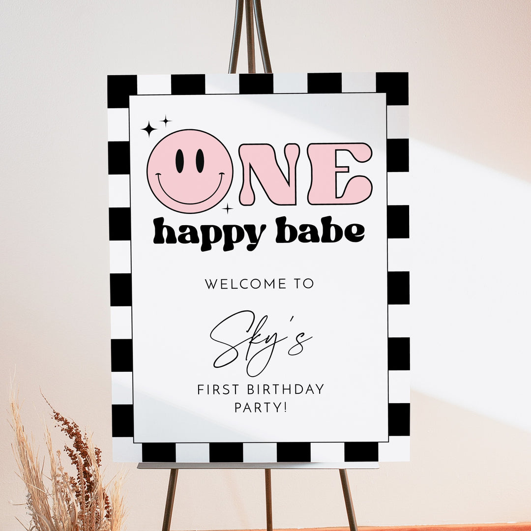 TRAVIS One Happy Babe Pink Retro Smiley First Birthday Party Welcome Sign