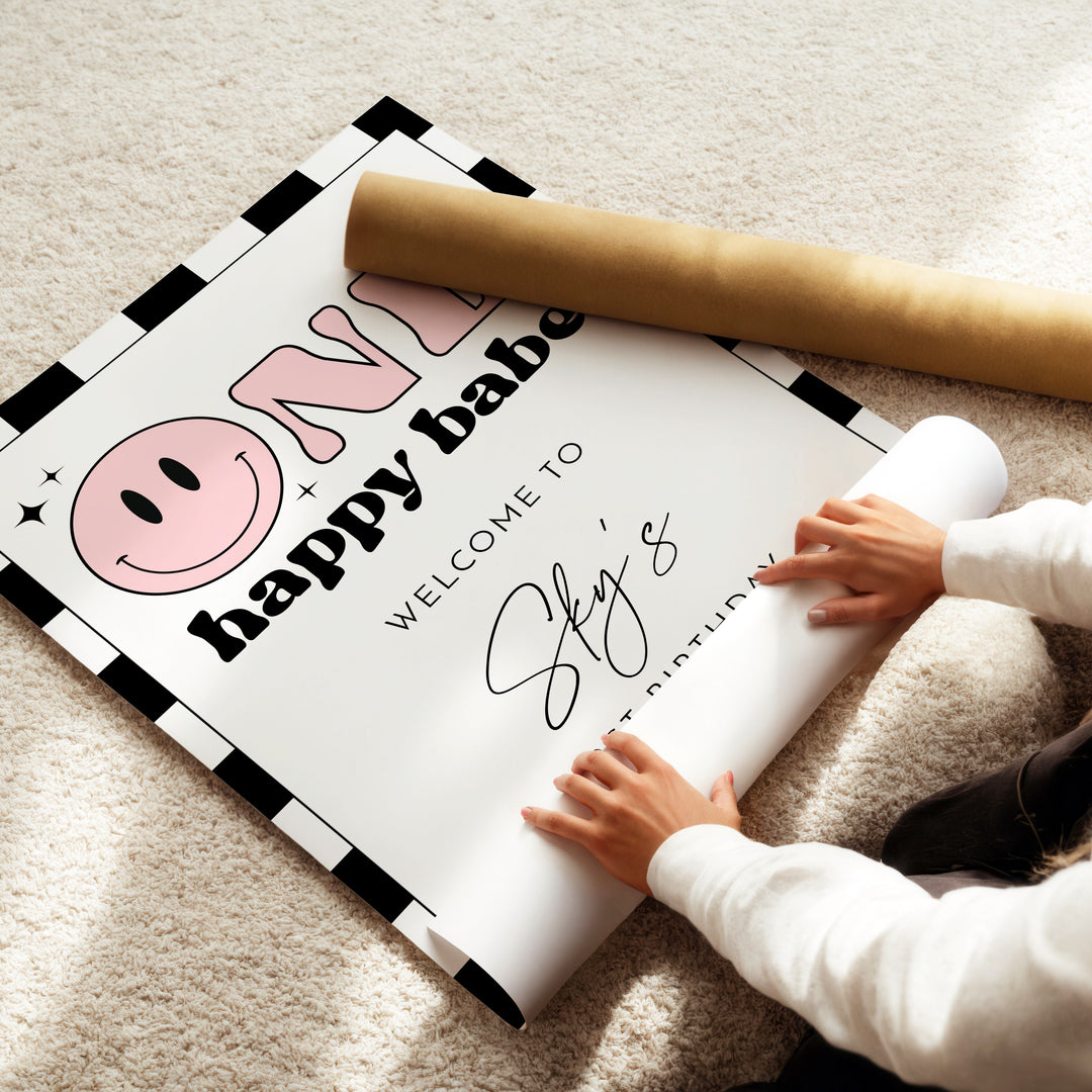 TRAVIS One Happy Babe Pink Retro Smiley First Birthday Party Welcome Sign