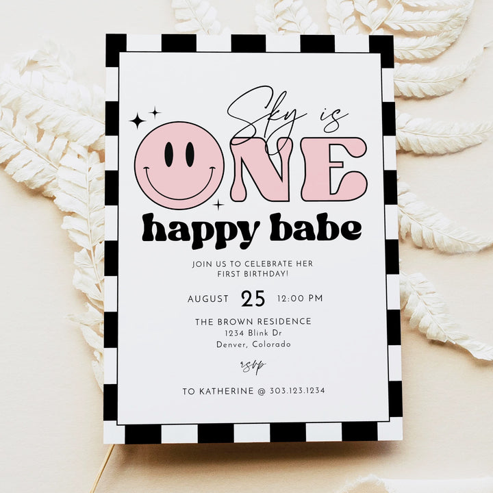 TRAVIS Pink One Happy Babe Retro Checkered First Birthday Party Invitation