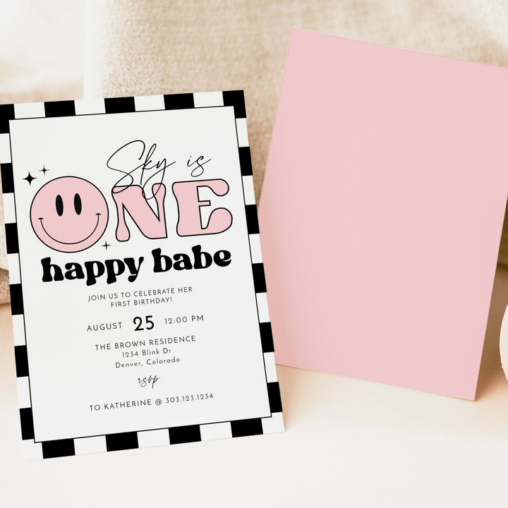 TRAVIS Pink One Happy Babe Retro Checkered First Birthday Party Invitation
