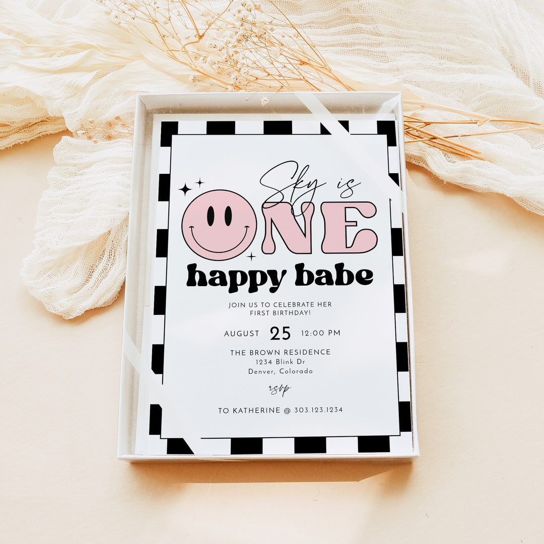 TRAVIS Pink One Happy Babe Retro Checkered First Birthday Party Invitation
