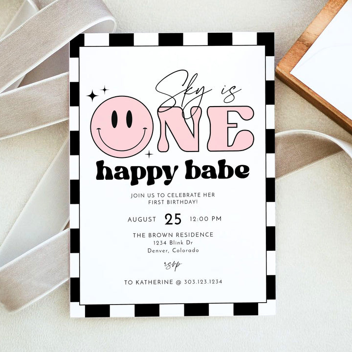 TRAVIS Pink One Happy Babe Retro Checkered First Birthday Party Invitation