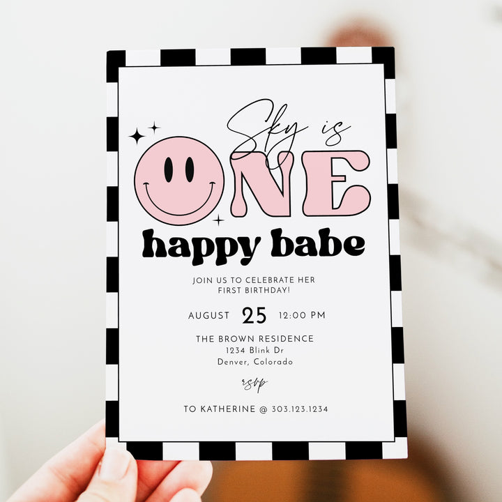 TRAVIS Pink One Happy Babe Retro Checkered First Birthday Party Invitation