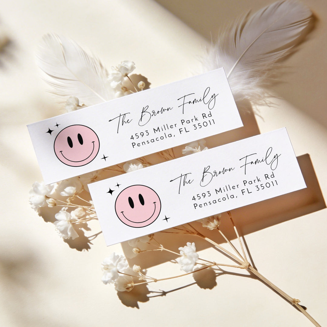 TRAVIS Pink Retro Smiley Face Birthday Party Return Address Labels