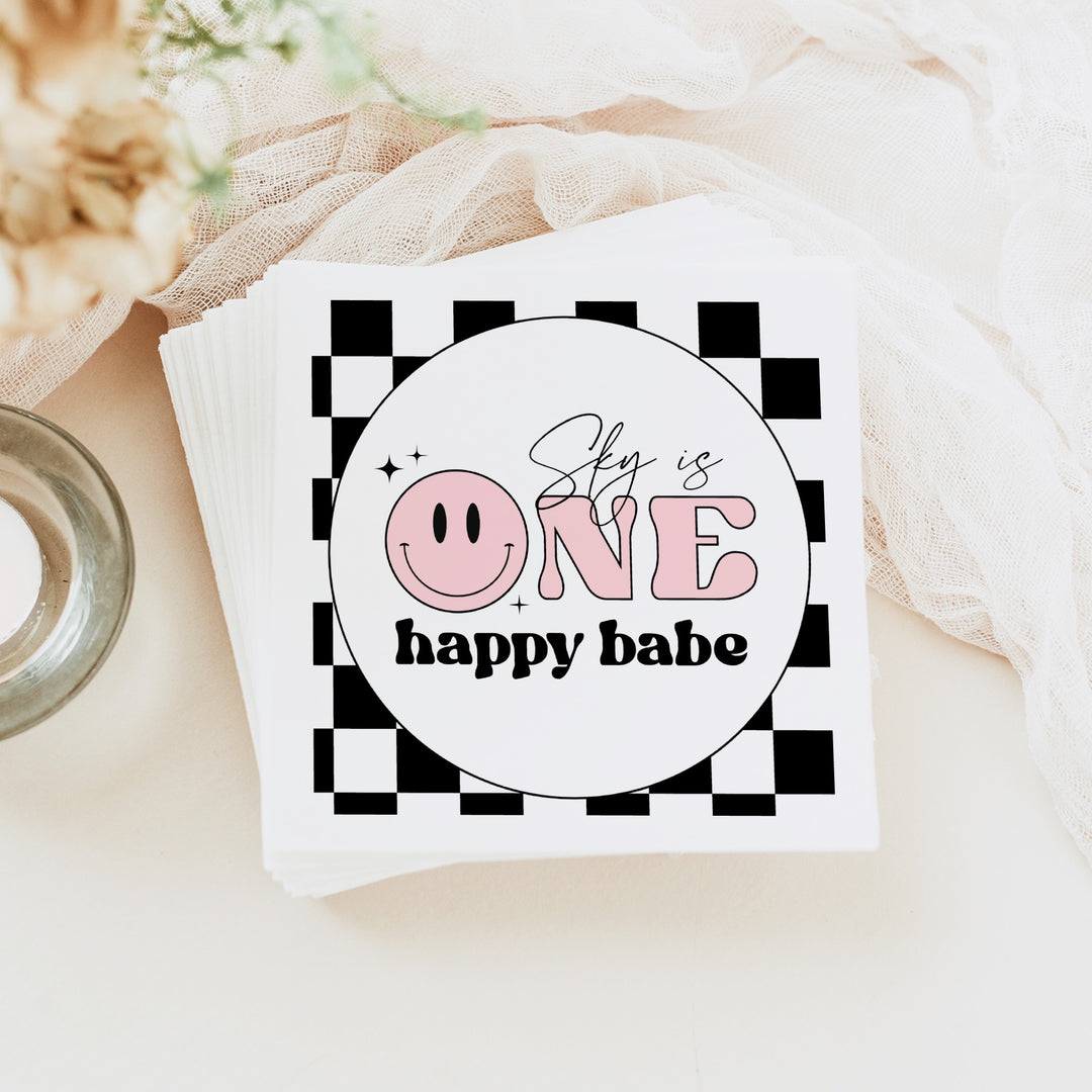 TRAVIS One Happy Dude Pink Retro Smiley First Birthday Party Napkins Personalized