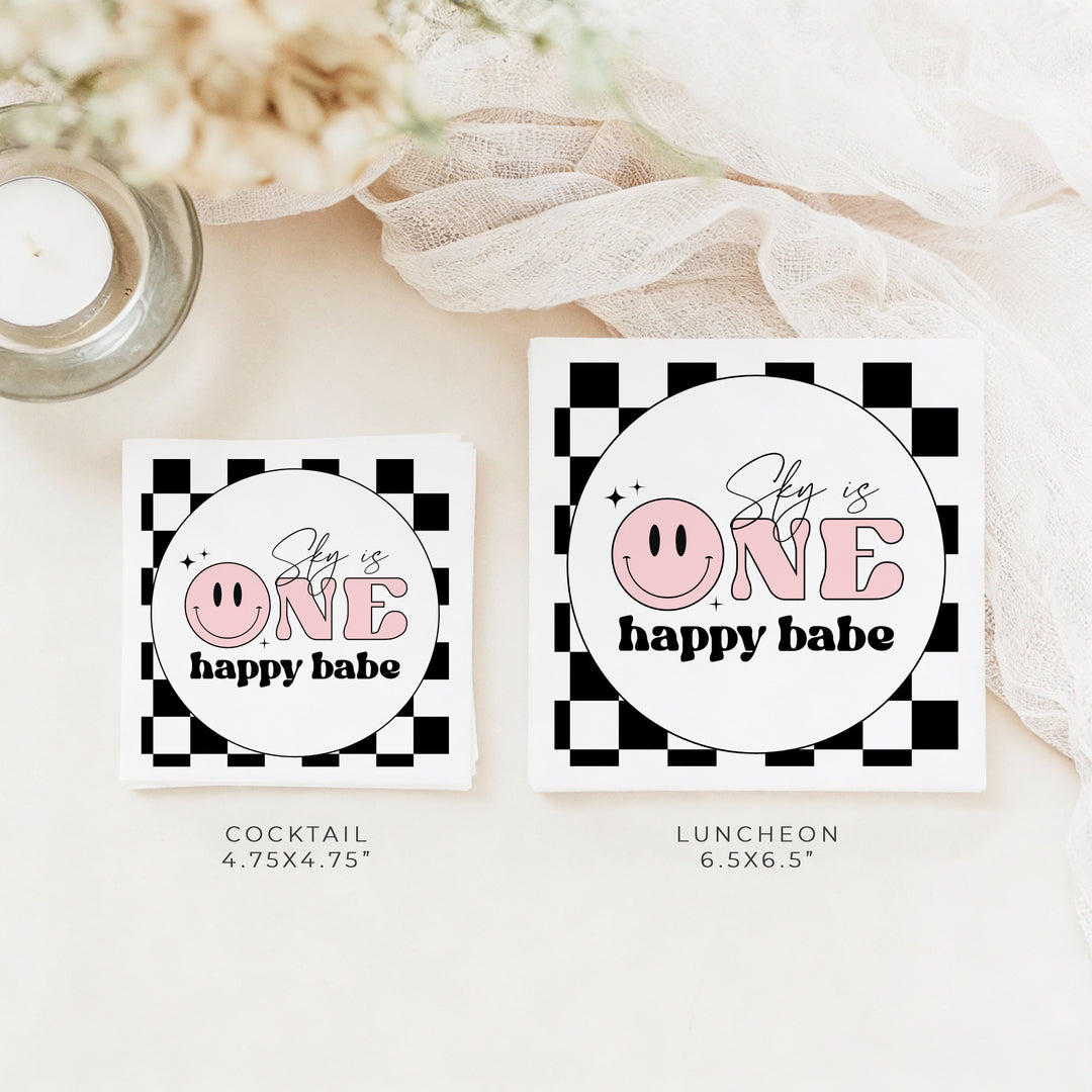 TRAVIS One Happy Dude Pink Retro Smiley First Birthday Party Napkins Personalized