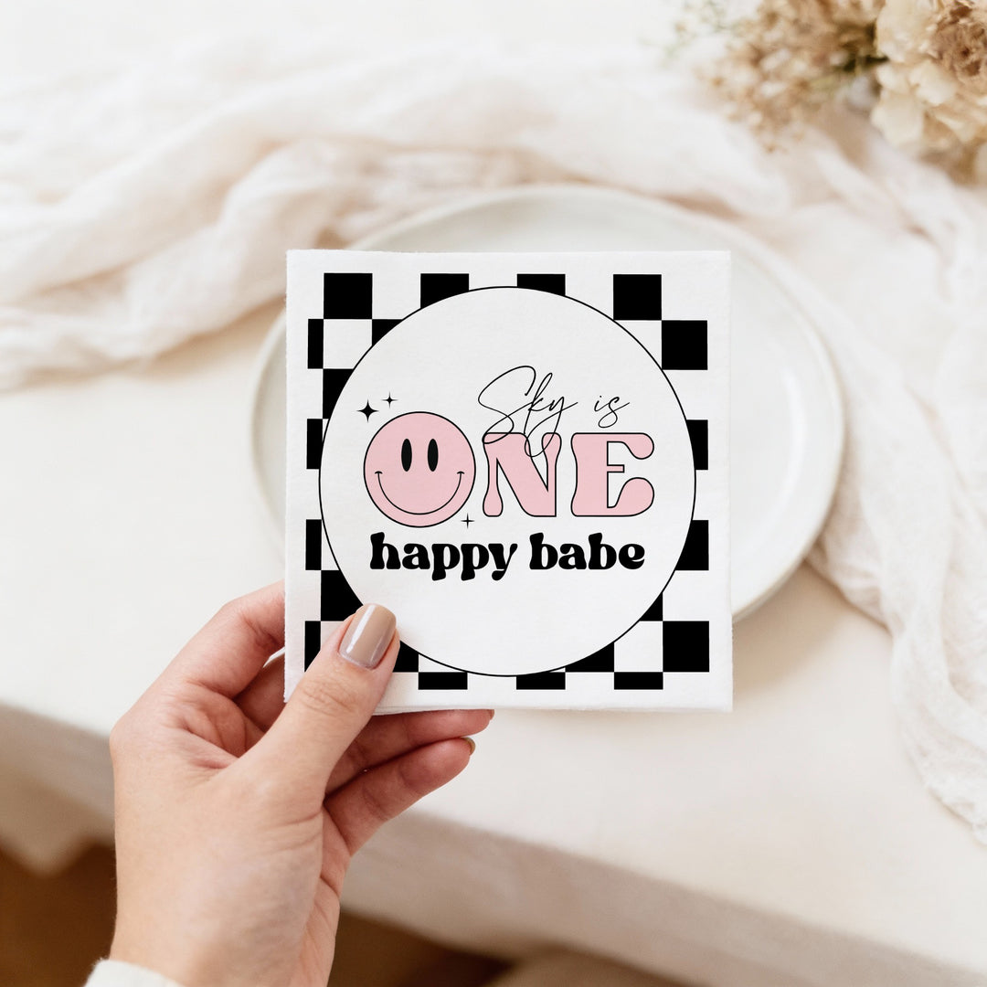 TRAVIS One Happy Dude Pink Retro Smiley First Birthday Party Napkins Personalized