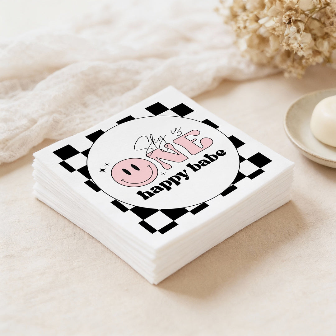 TRAVIS One Happy Dude Pink Retro Smiley First Birthday Party Napkins Personalized