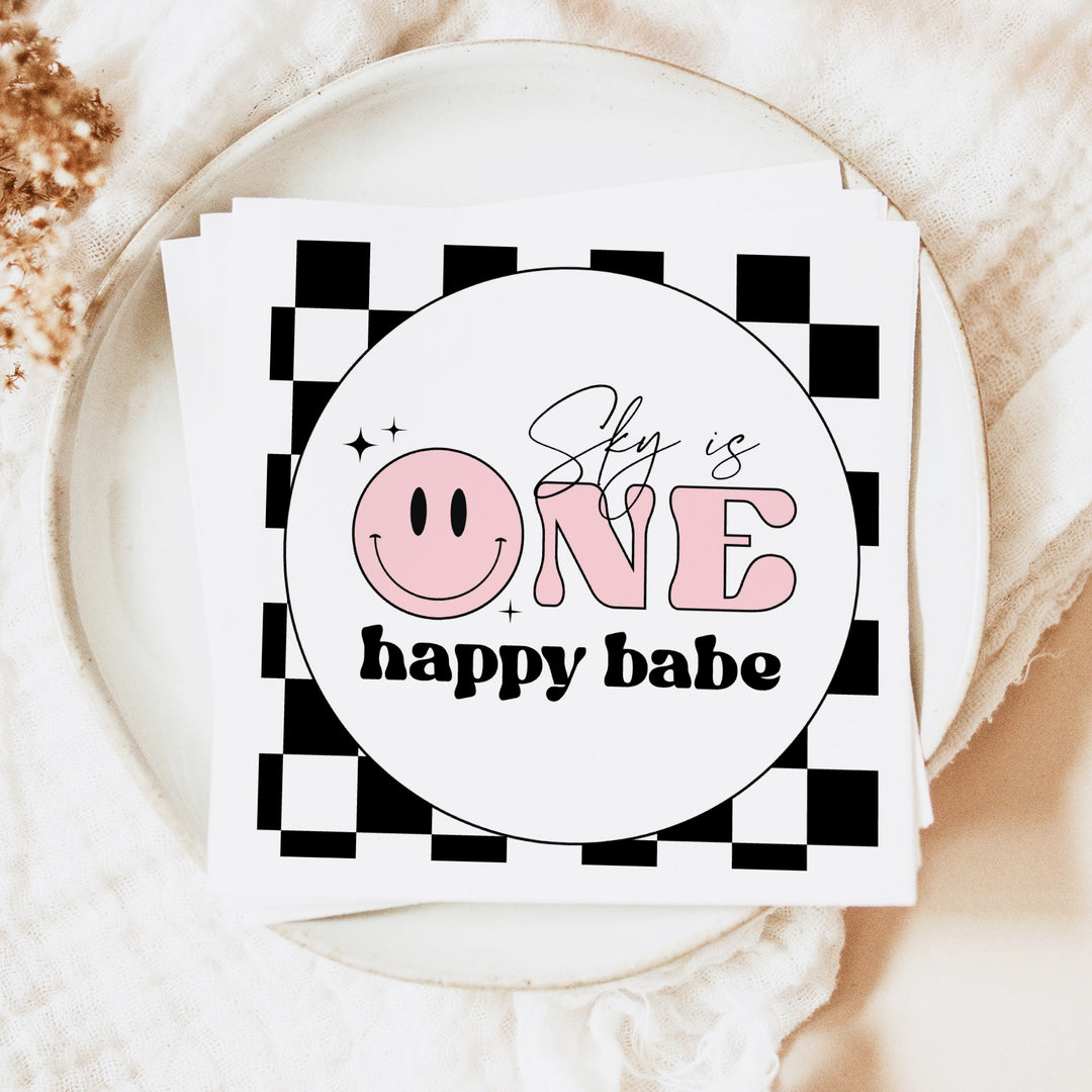 TRAVIS One Happy Dude Pink Retro Smiley First Birthday Party Napkins Personalized