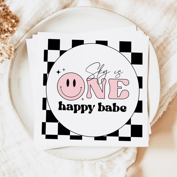 TRAVIS One Happy Dude Pink Retro Smiley First Birthday Party Napkins Personalized