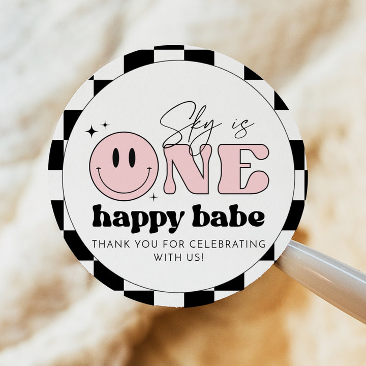 TRAVIS One Happy Babe Pink Retro Smiley Face First Birthday Thank You Gift Stickers