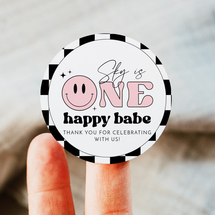 TRAVIS One Happy Babe Pink Retro Smiley Face First Birthday Thank You Gift Stickers
