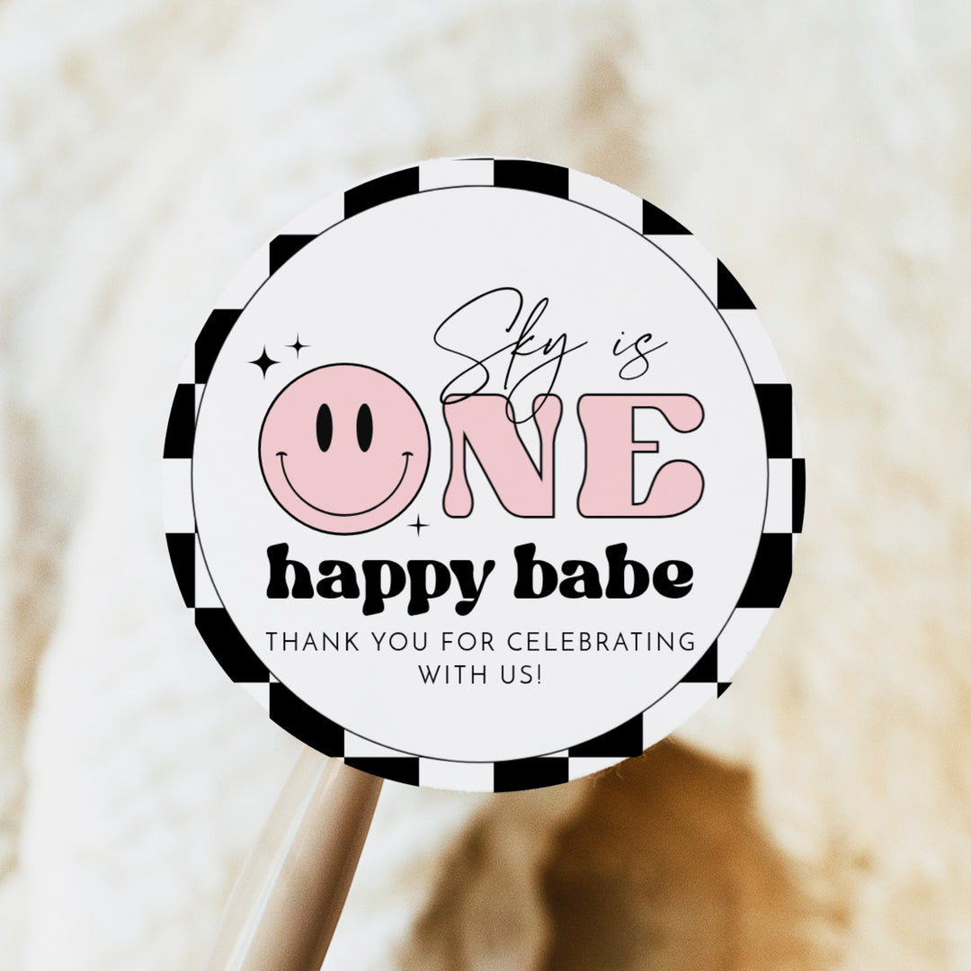 TRAVIS One Happy Babe Pink Retro Smiley Face First Birthday Thank You Gift Stickers