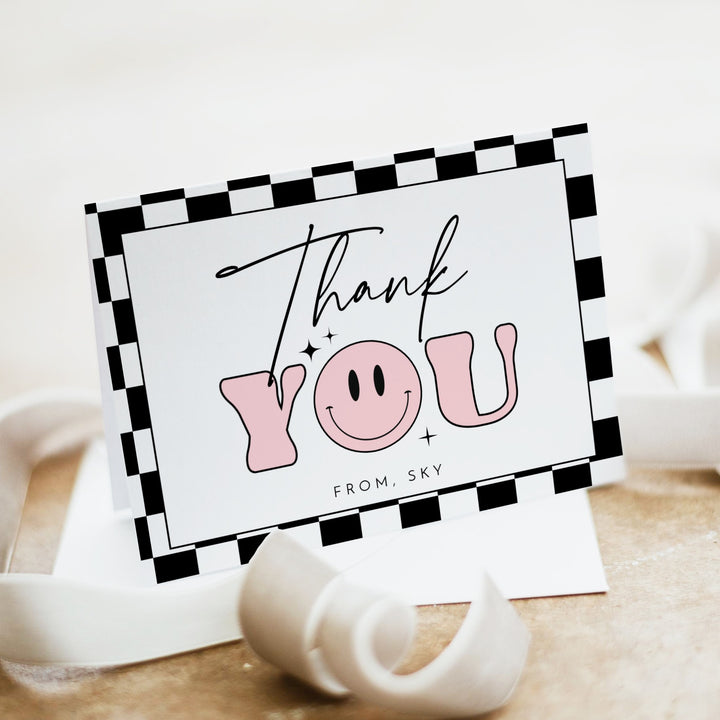 TRAVIS Personalized Pink Retro Smiley First Birthday Thank You Cards with Envelope