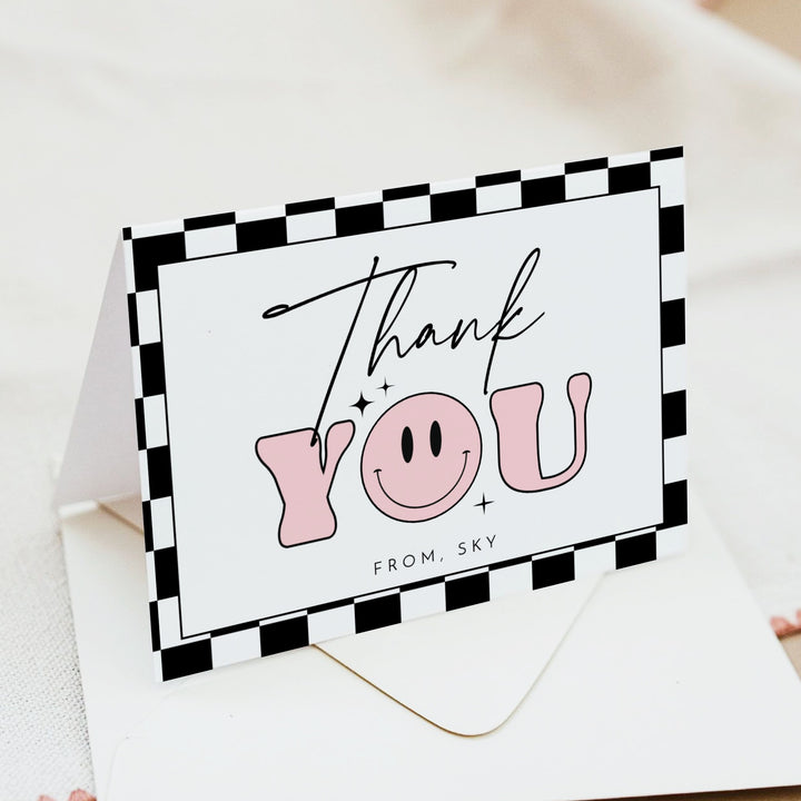 TRAVIS Personalized Pink Retro Smiley First Birthday Thank You Cards with Envelope